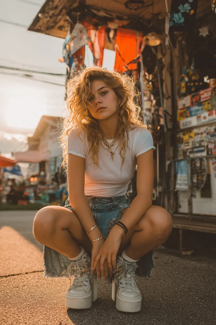 denim mini skirt y2k outfit ideas styled with platform sneakers and baby tee