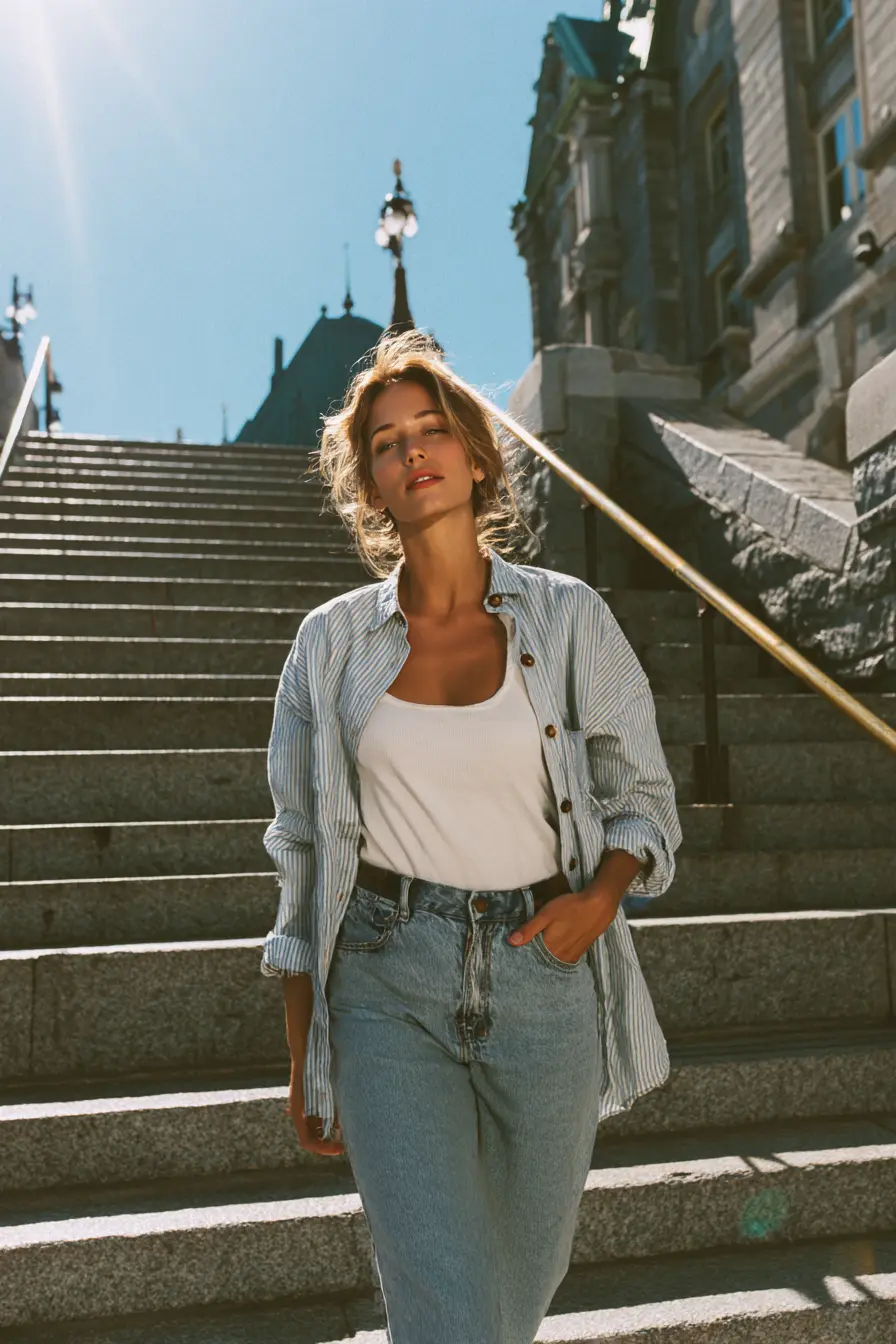denim on denim outfit with chambray shirt and light-wash mom jeans street style
