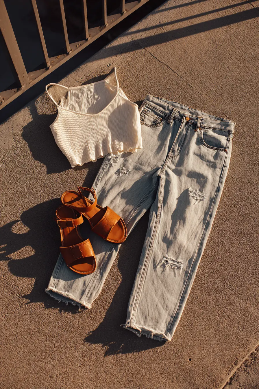 distressed raw-hem mom jeans with white crop top and sandals in summer