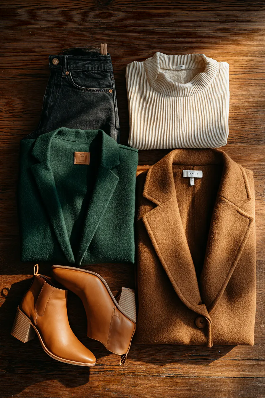 fall capsule wardrobe flatlay for women over 40 with neutral tones and quality pieces