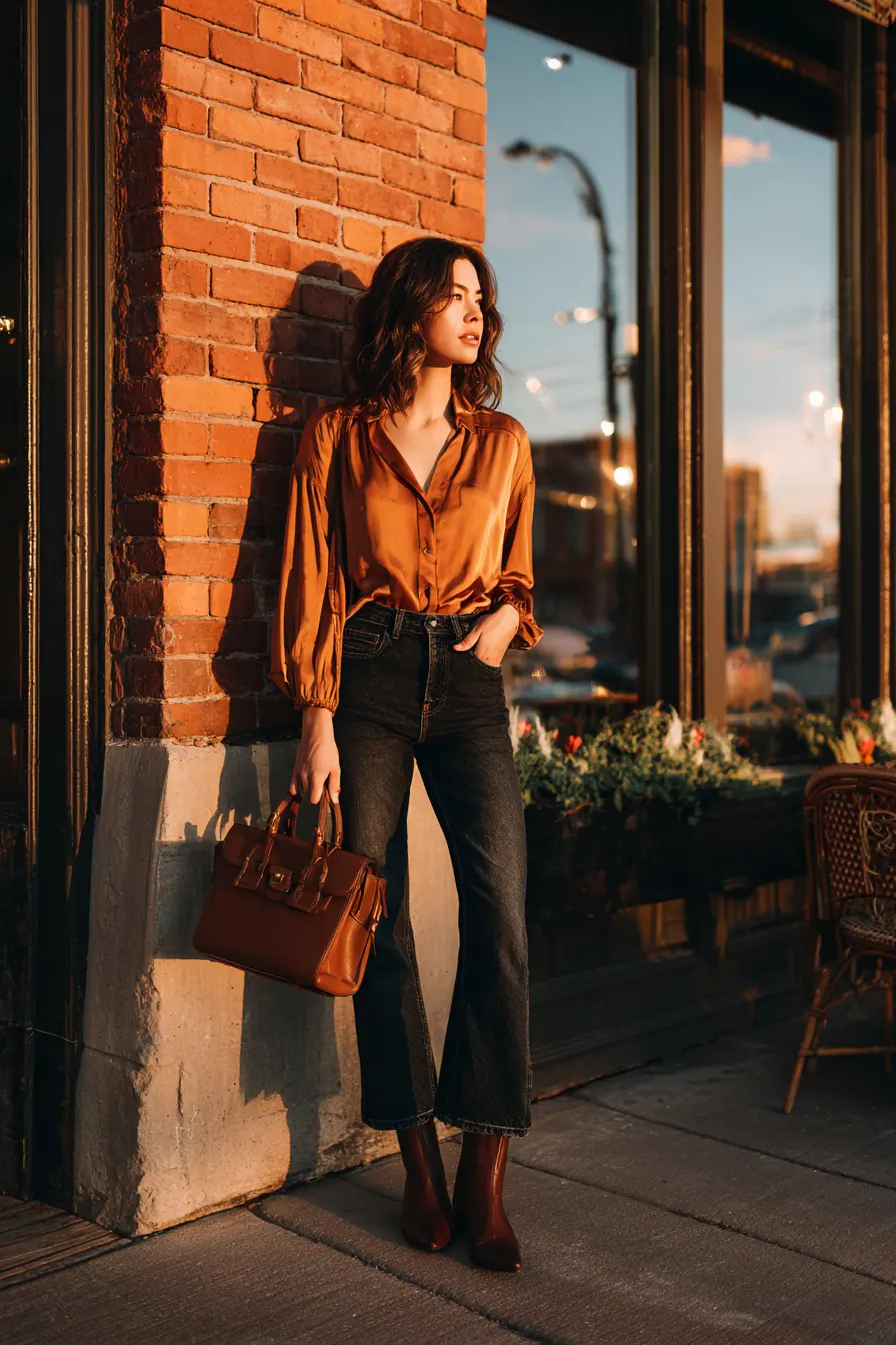 dressed-up casual fall outfit for women over 40 with heeled boots and dark jeans