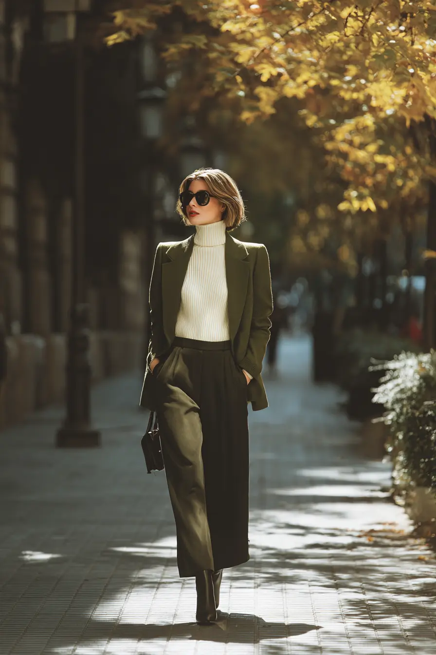 fall interview outfit cream turtleneck wool blazer and ankle boots women
