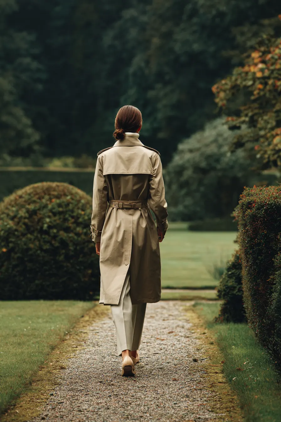 minimalist fall outfit for women over 40 with neutral tones and trench coat