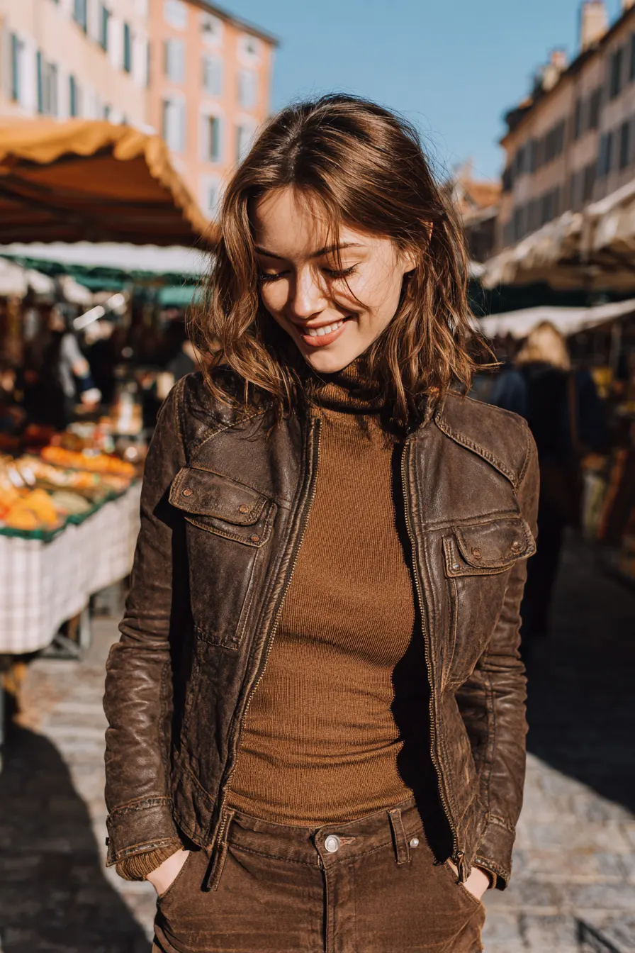 monochrome chocolate brown fall outfit for women over 40 with leather jacket