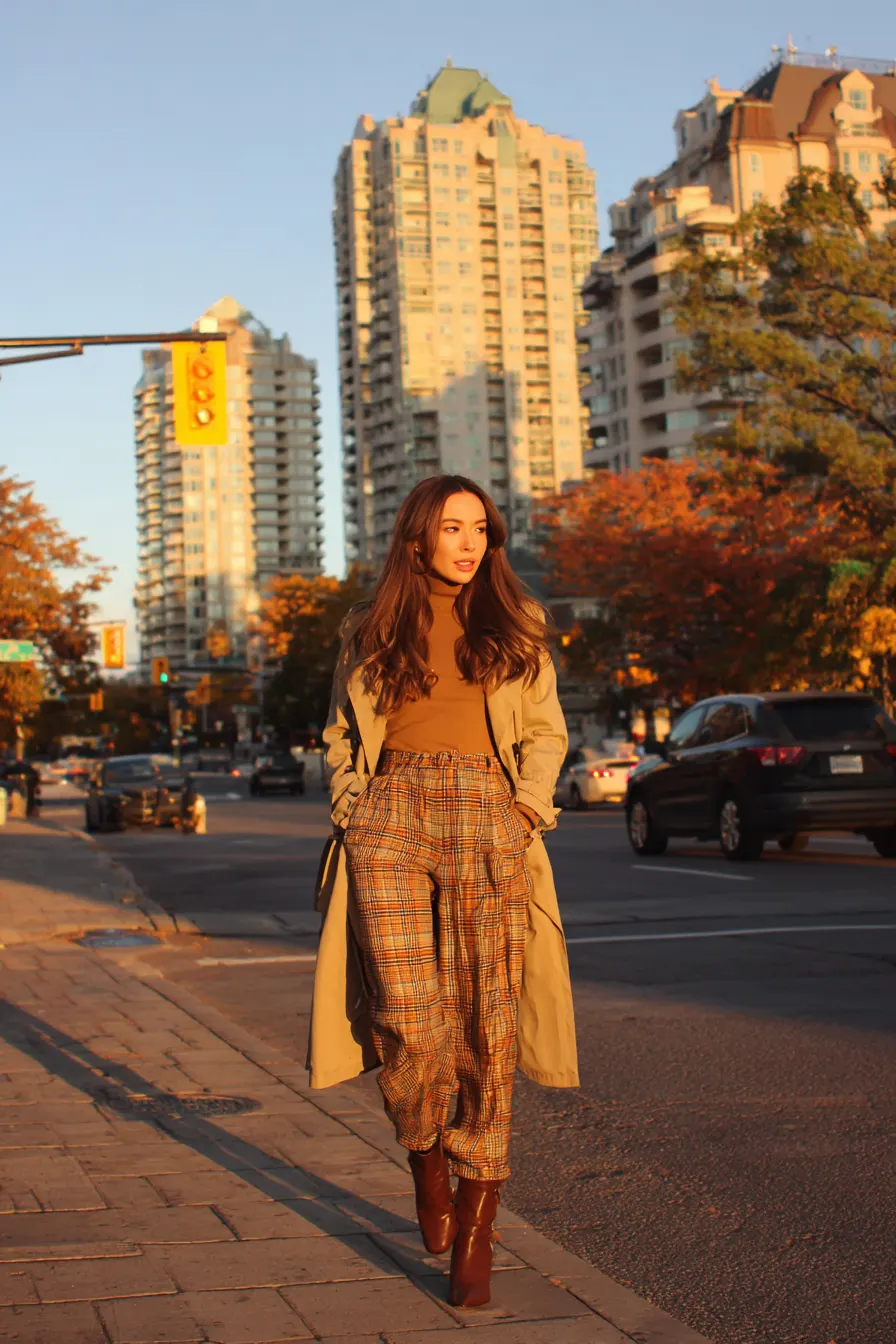 fall plaid and trench coat outfit for women over 40 with tall leather boots