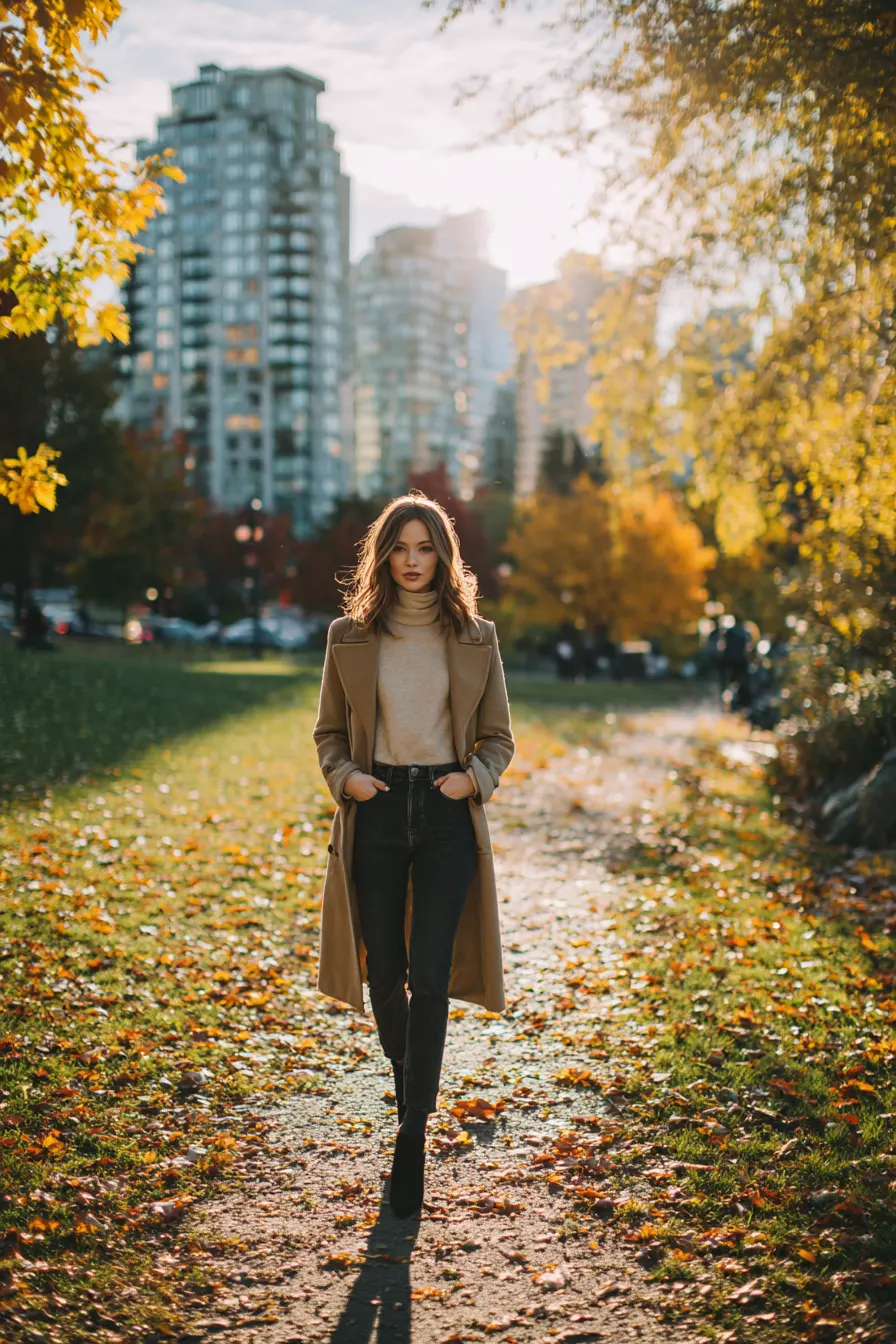 straight-leg jeans fall outfit for women over 40 with camel coat and block heels