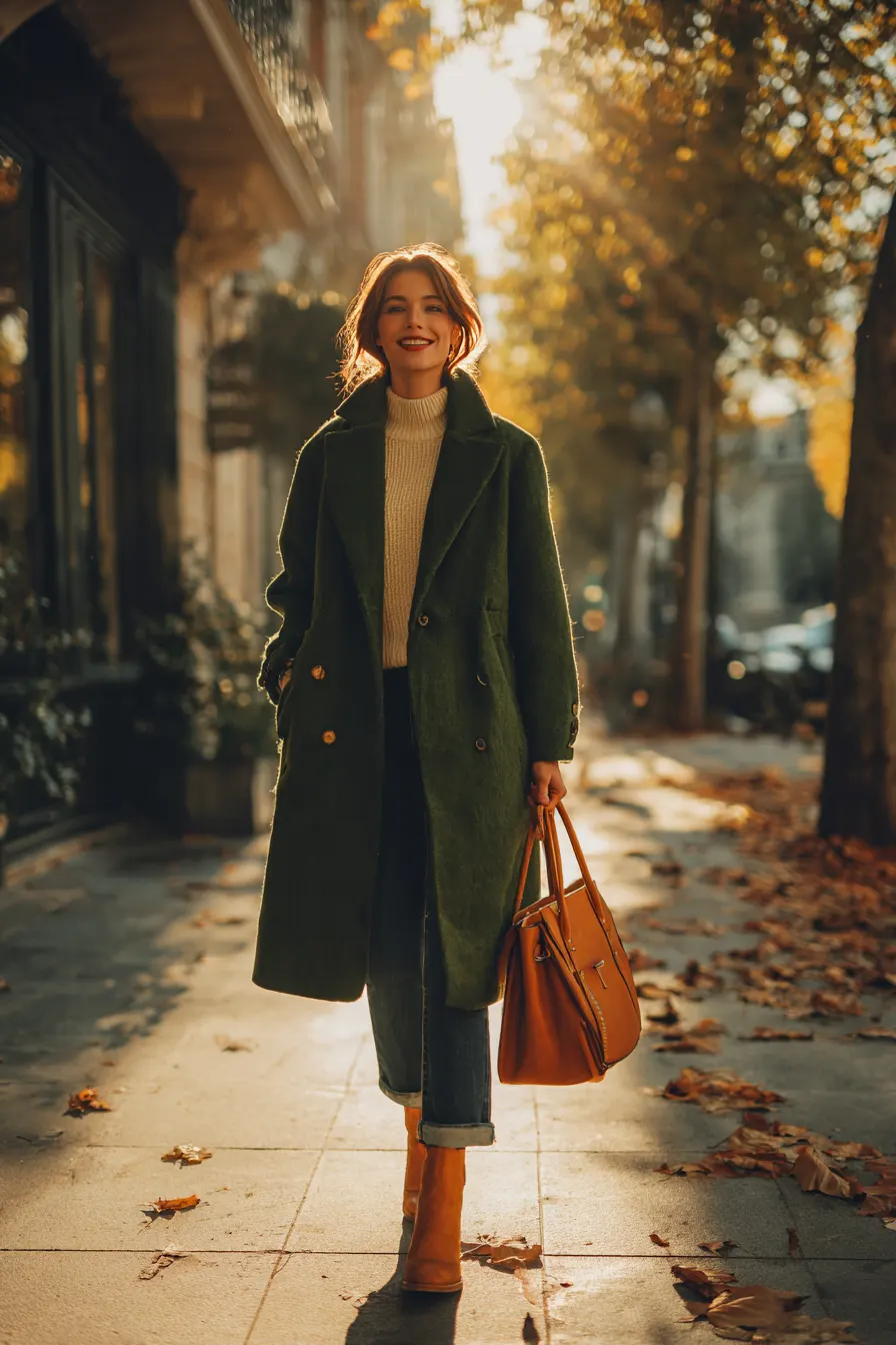 confident woman over 40 in chic fall outfit on autumn street with warm tones