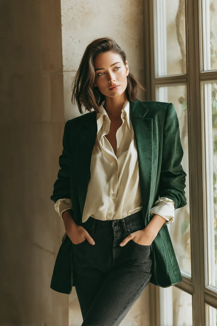 woman over 40 in tailored wool blazer and dark straight-leg jeans fall look