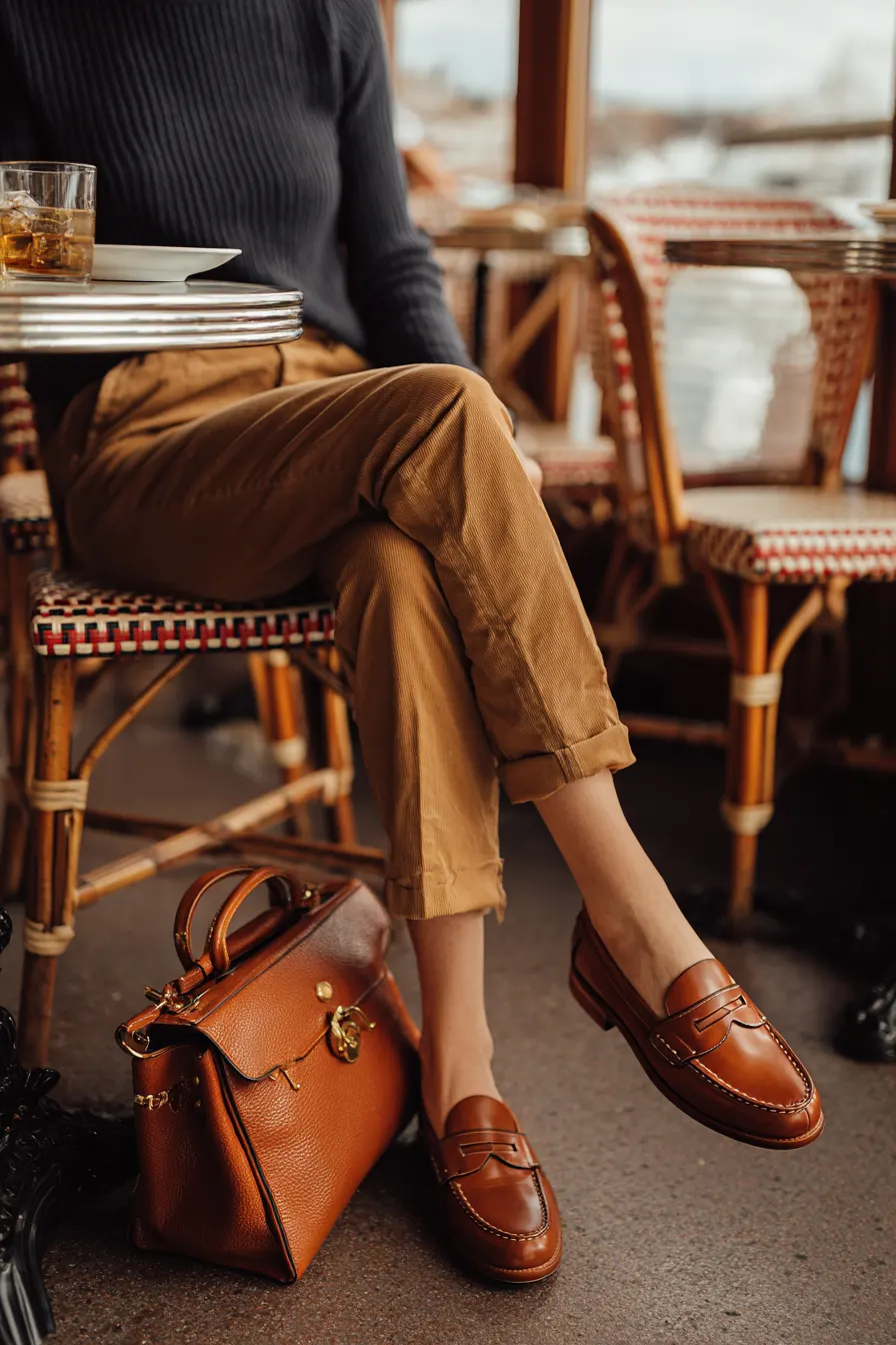 smart casual fall outfit for women over 40 with chinos loafers and structured bag