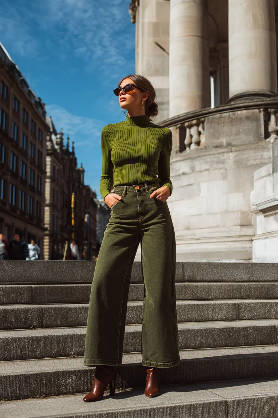 wide-leg jeans fall outfit for women over 40 with fitted ribbed top and ankle boots