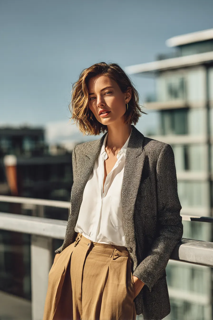 polished fall work outfit for women over 40 with blazer and wide-leg trousers