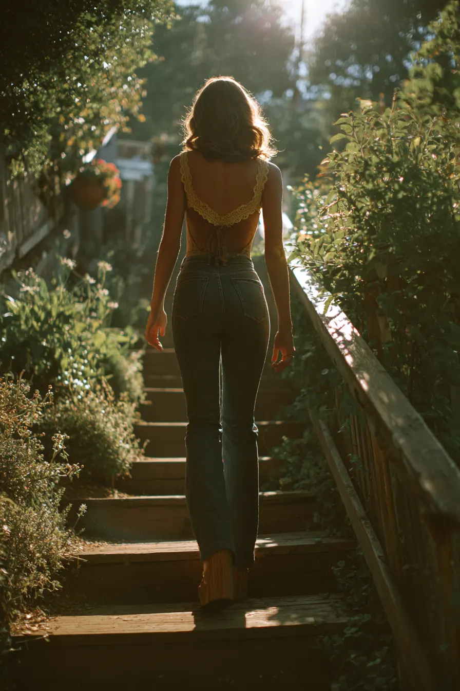 flared dark jeans with heels and lace cami vintage-inspired date night outfit