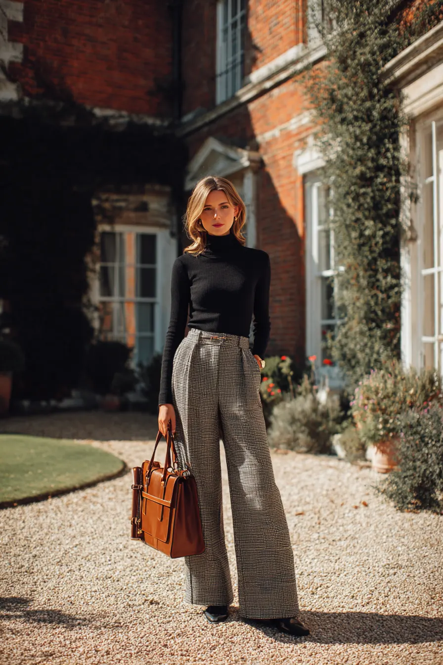 glen plaid trousers outfit women with mock neck and structured leather bag