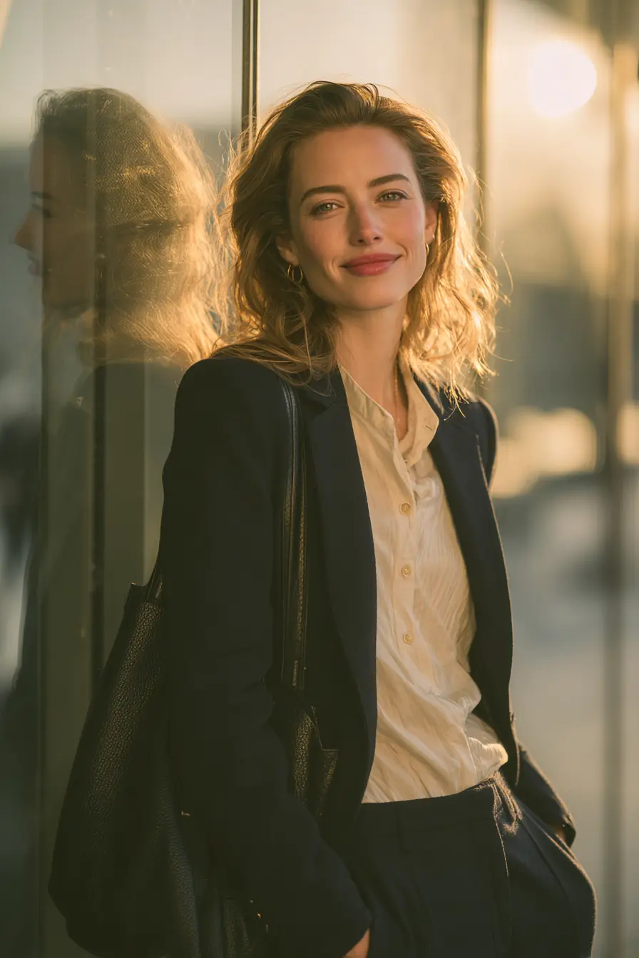 confident woman in polished interview outfit leaving office building women 30s