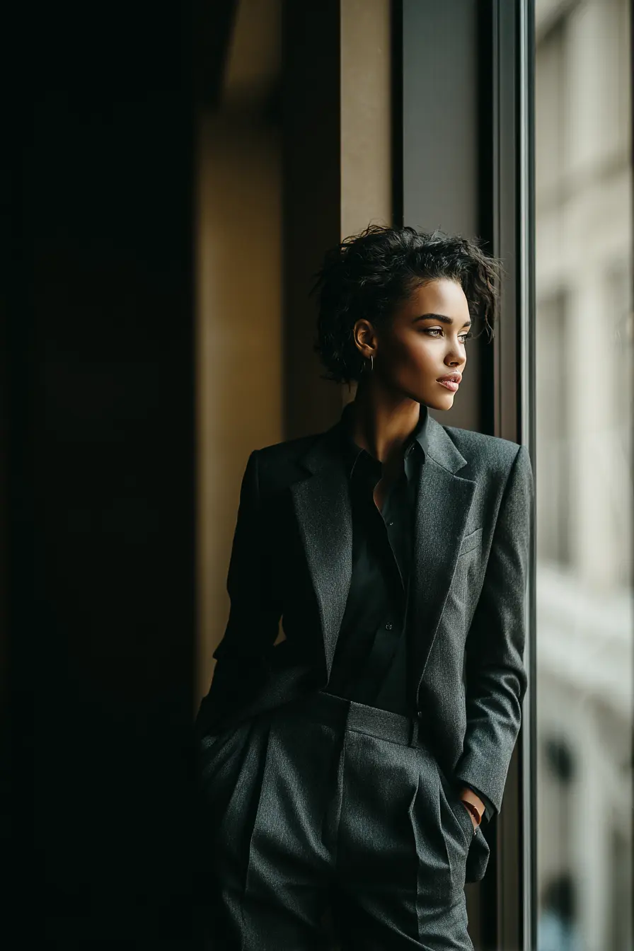 woman adjusting polished interview outfit in office mirror women 30s