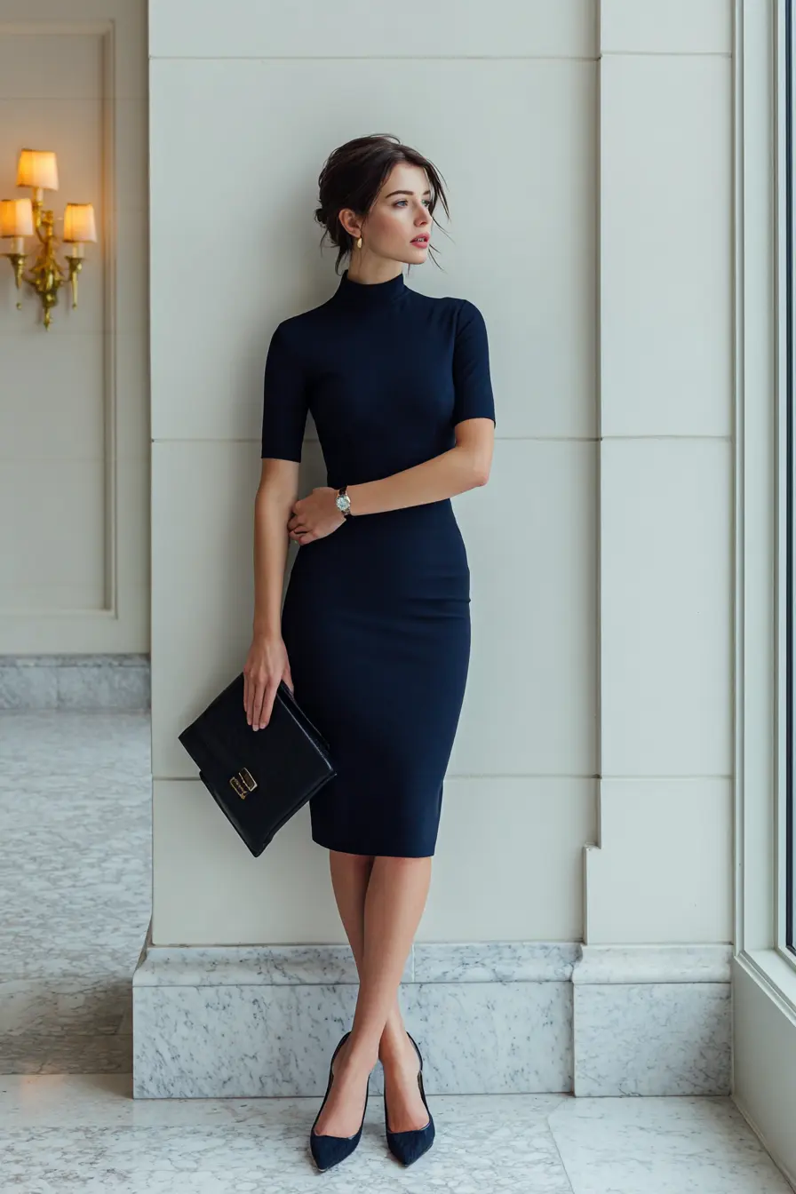 classic navy sheath dress interview outfit women 30s kitten heels