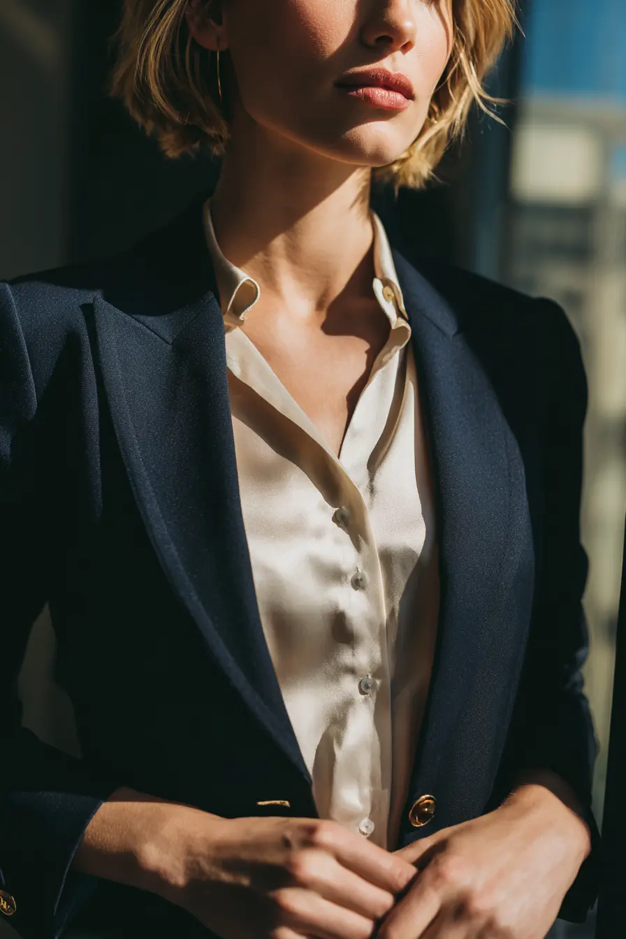 close-up of tailored blazer lapel and silk blouse for job interview