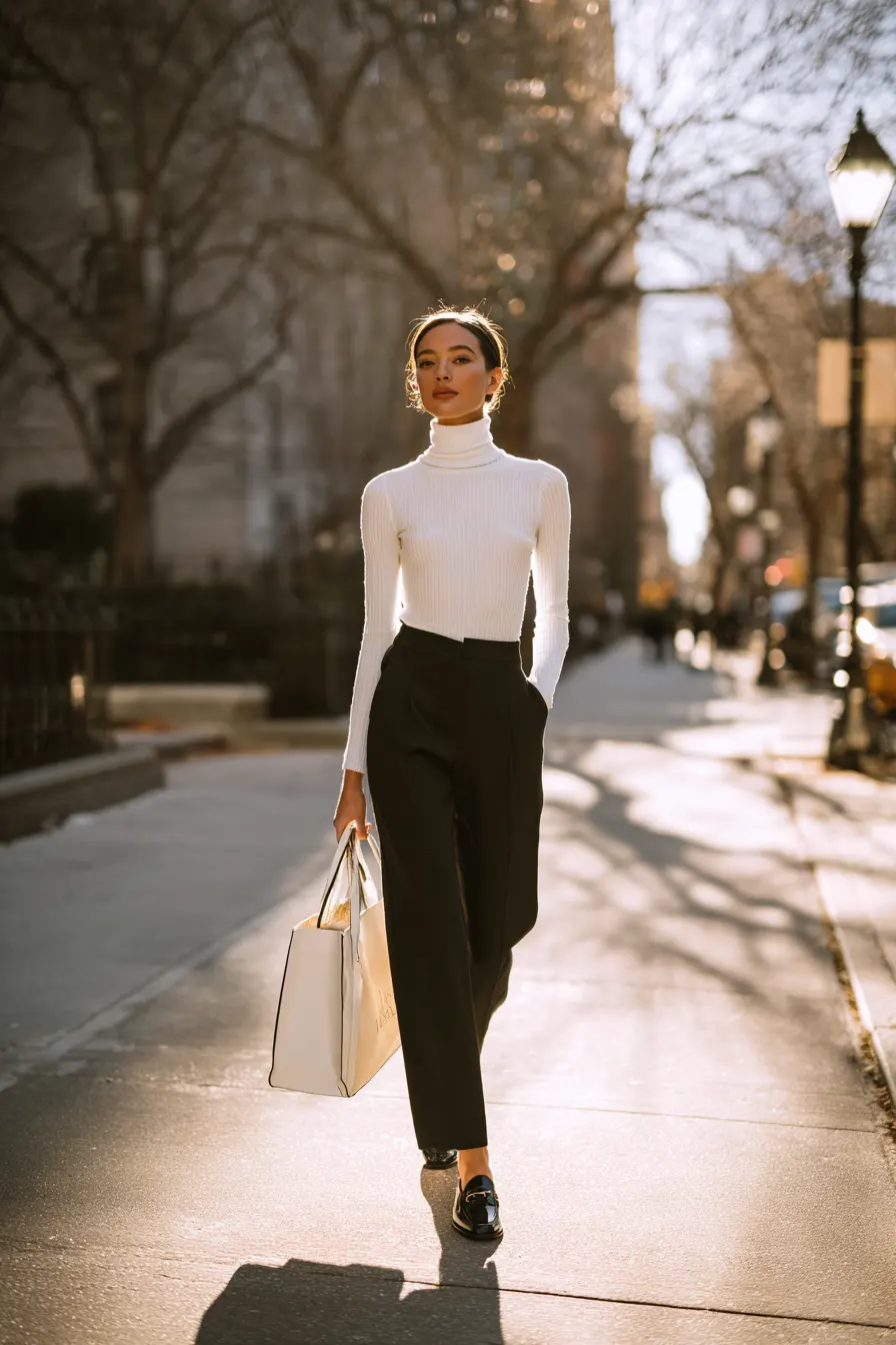 minimalist black and white outfit structured look clean lines editorial style
