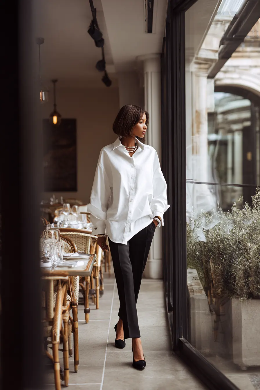 minimalist black and white outfit white button-down shirt straight black trousers