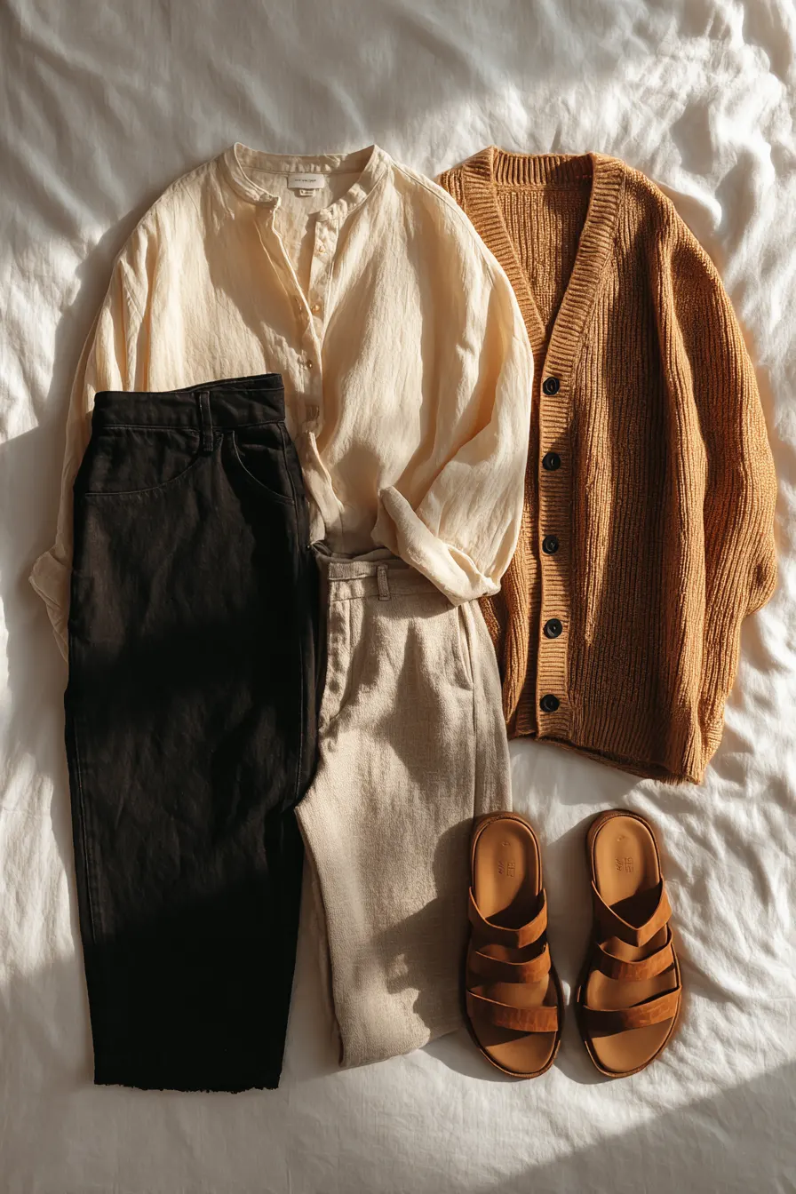 minimalist capsule wardrobe flat lay neutral beige cream black pieces arranged neatly