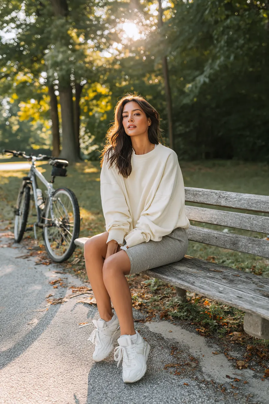 minimalist casual outfit cream oversized sweatshirt gray bike shorts white sneakers