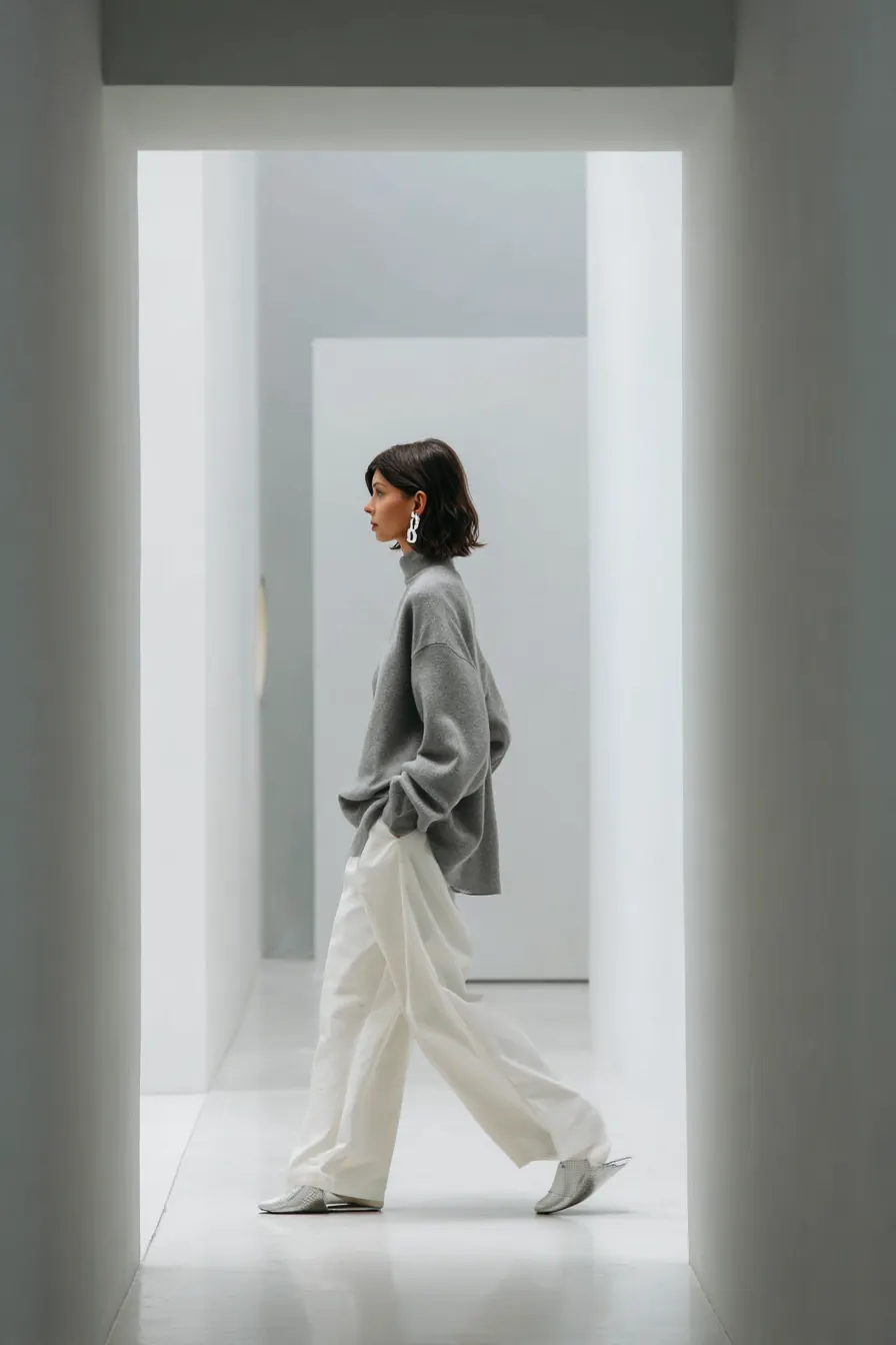 cool neutral minimalist outfit white and gray tonal layers silver accessories