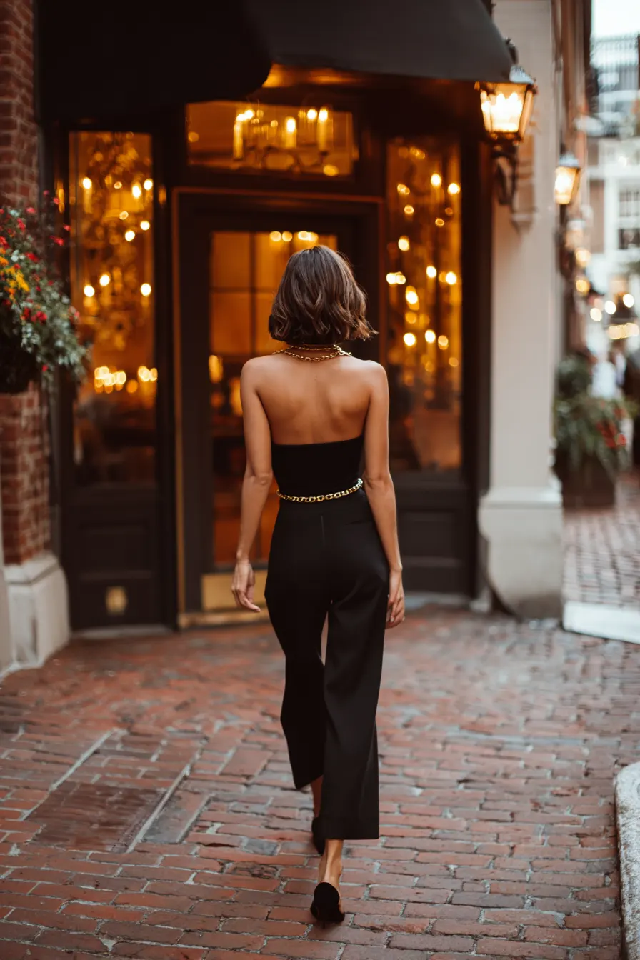 inimalist date night outfit all black bodysuit wide-leg trousers pointed mule