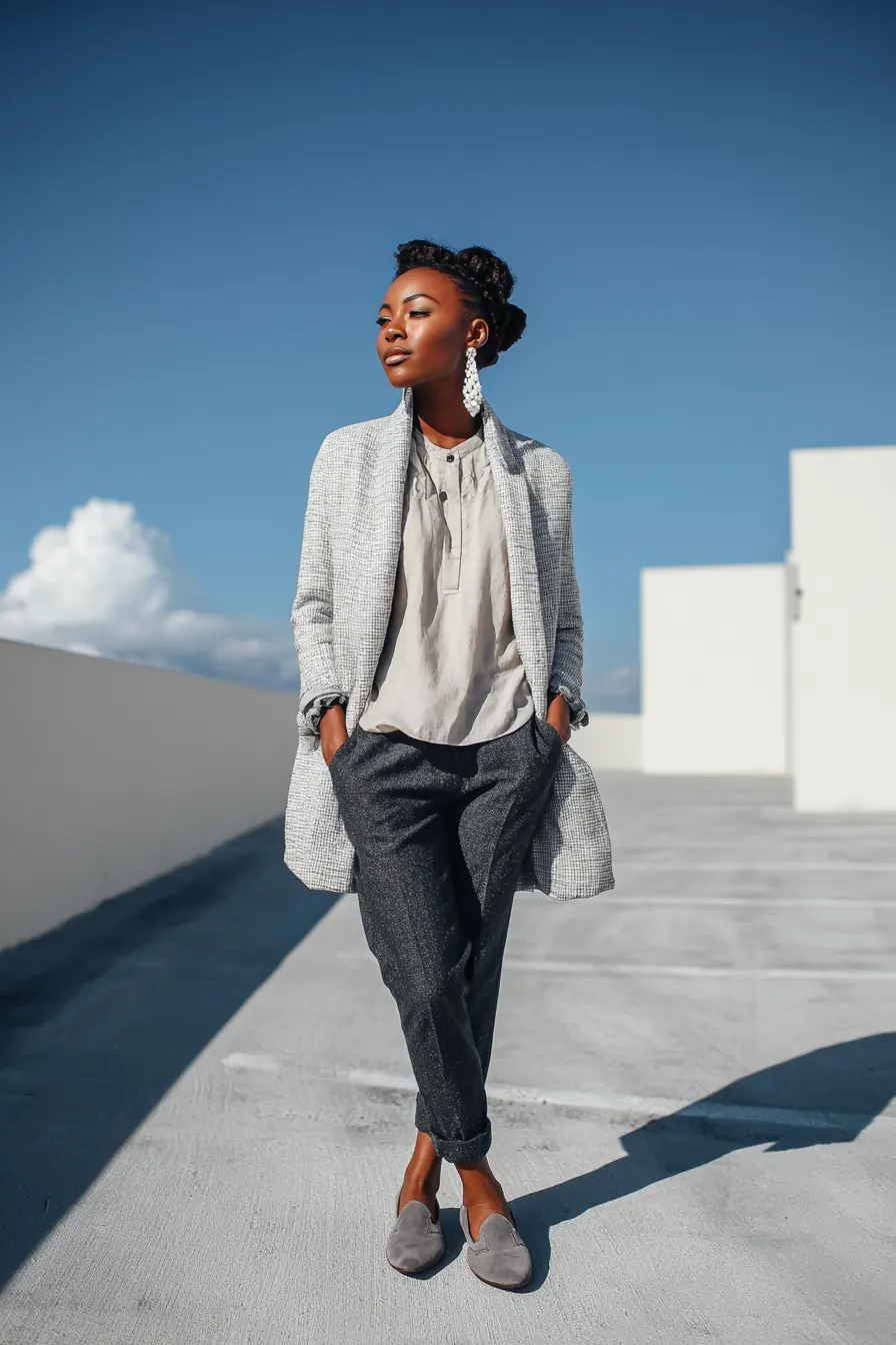 minimalist gray tonal outfit oversized blazer charcoal slim pants silver accessories