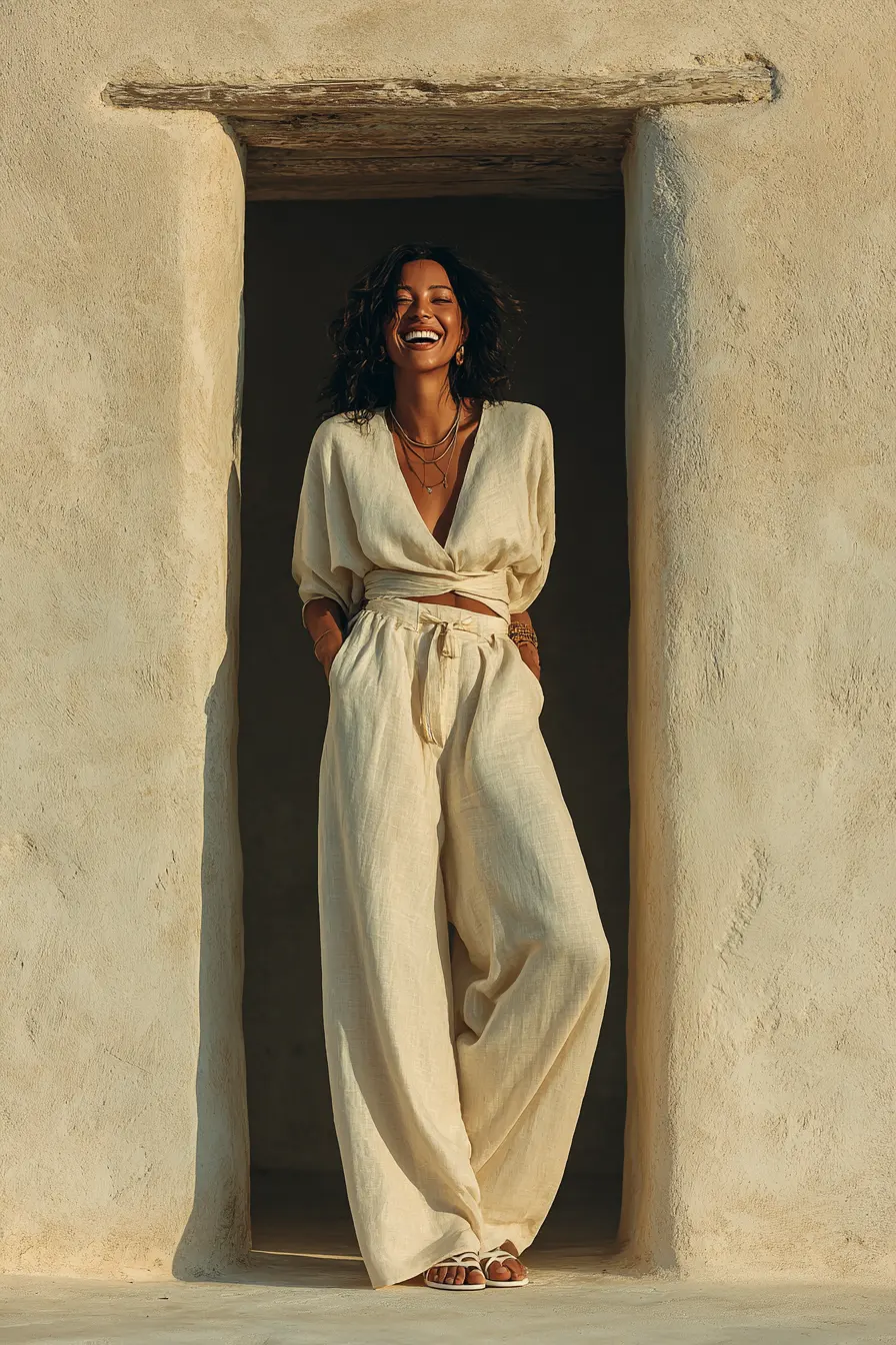 minimalist neutral outfit final look woman confident styled in oatmeal and cream