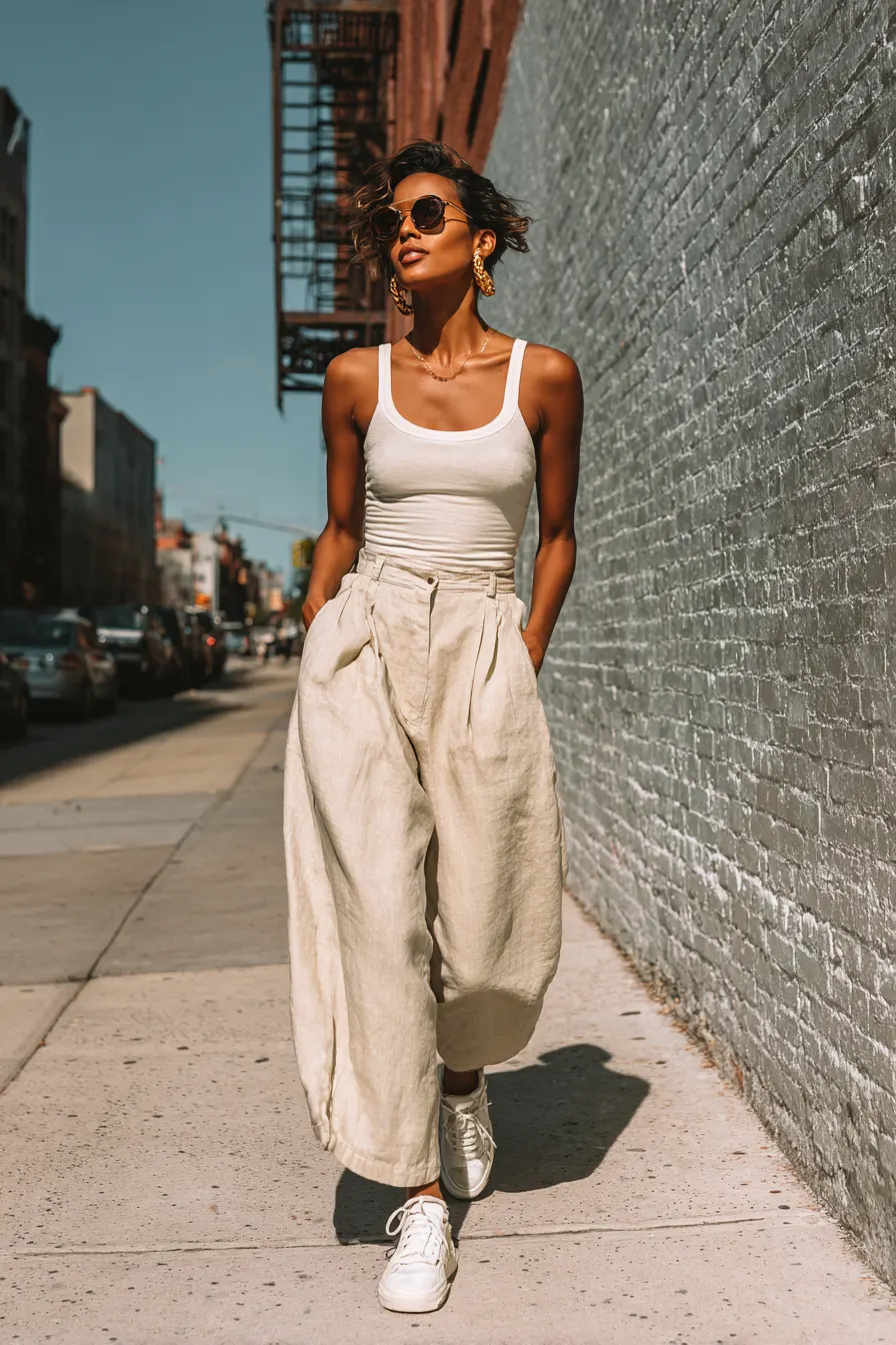 minimalist outfit oatmeal linen wide-leg pants white tank white sneakers
