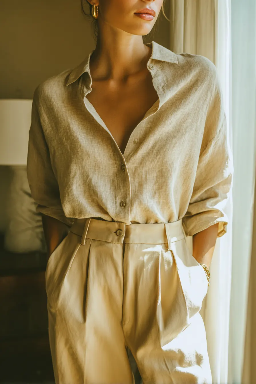 close-up neutral minimalist outfit linen fabric texture detail in natural light