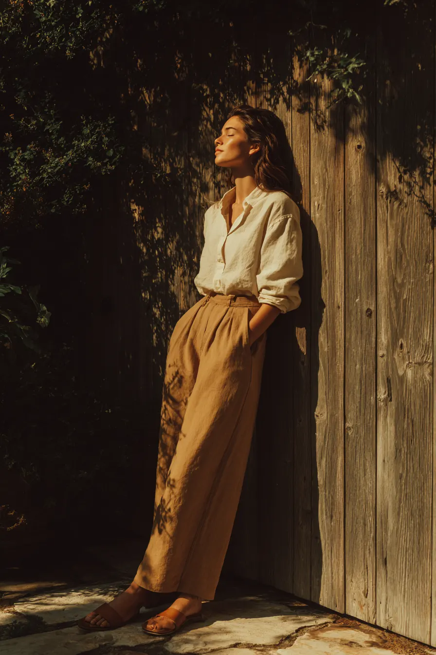 warm neutral minimalist outfit beige camel ivory tonal layers sunlit