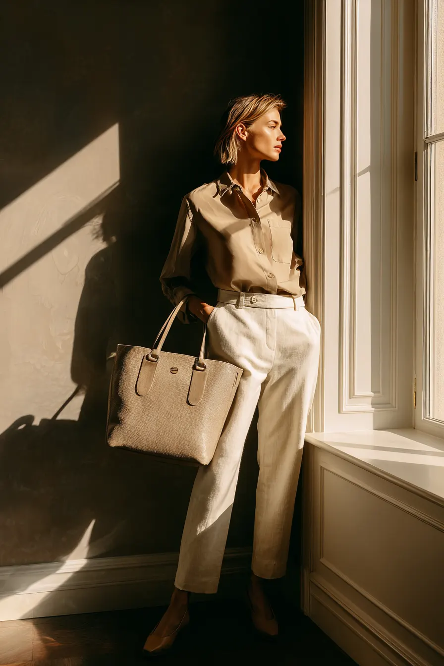 minimalist work outfit cream trousers beige blouse nude flats office look