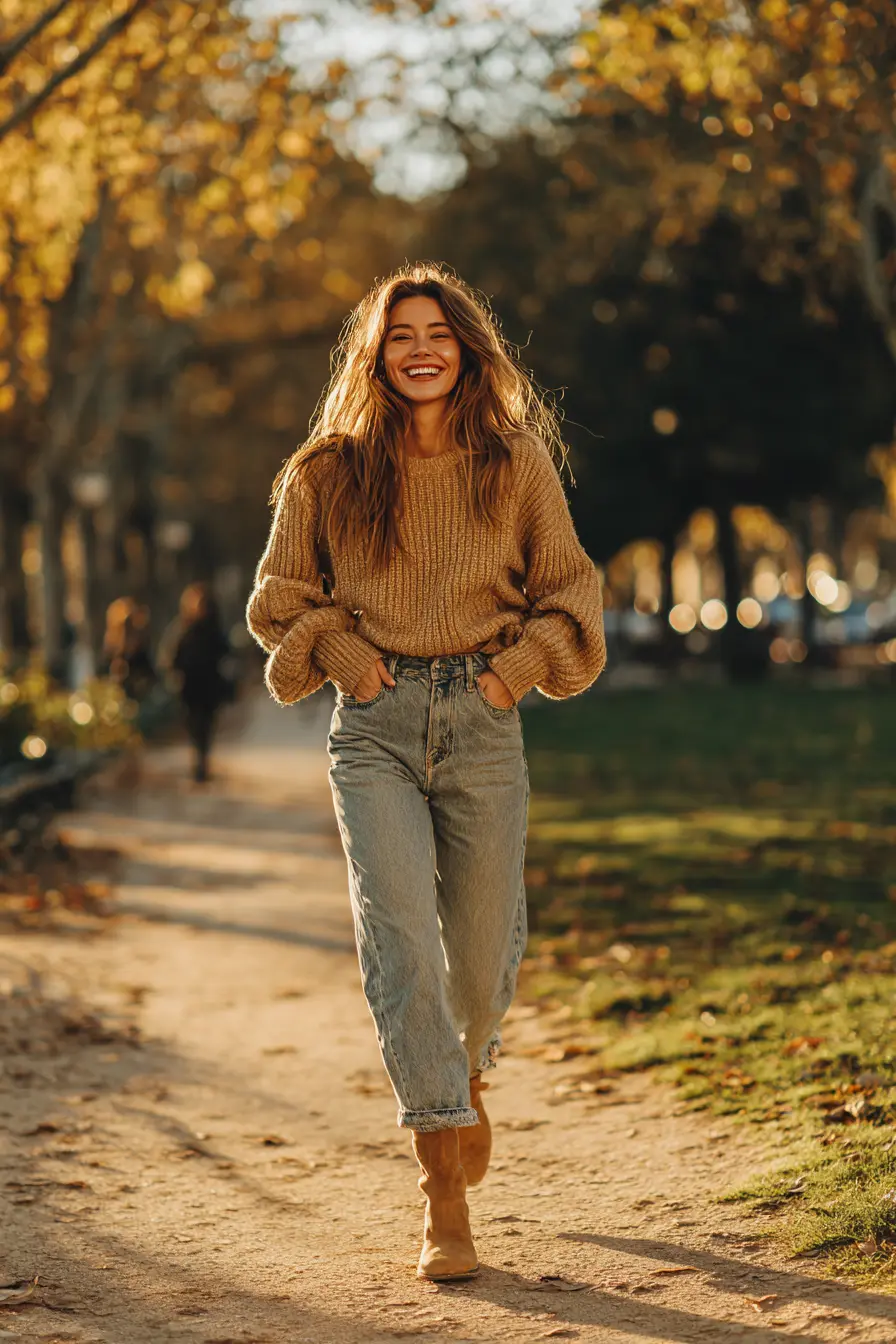 oversized camel knit sweater tucked into mom jeans for a cozy fall outfit