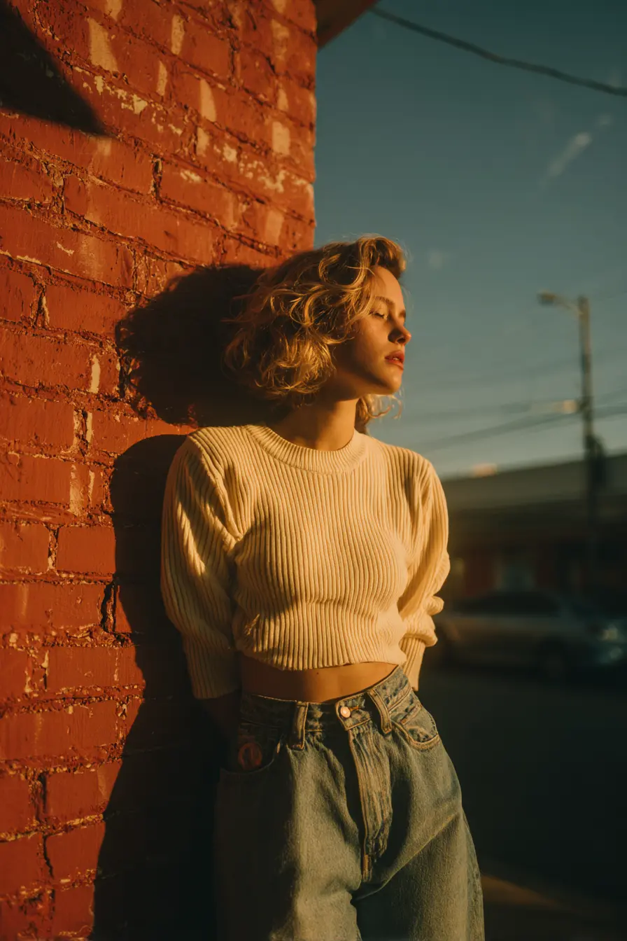 cropped ribbed knit top with high-waisted mom jeans for a 90s-inspired look