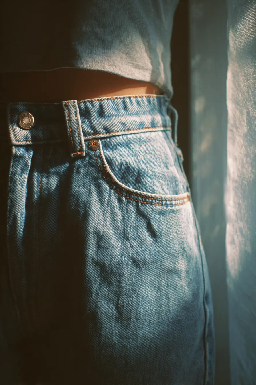 close-up of light-wash mom jeans denim texture and waistband detail