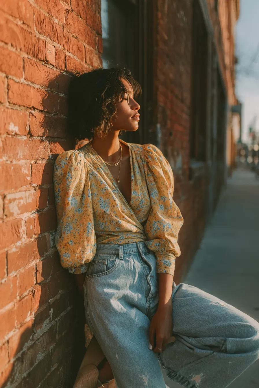 mom jeans with kitten heels and floral top romantic date night look