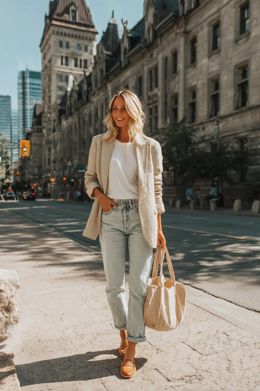 oversized oatmeal blazer with mom jeans and loafers for a work-ready look