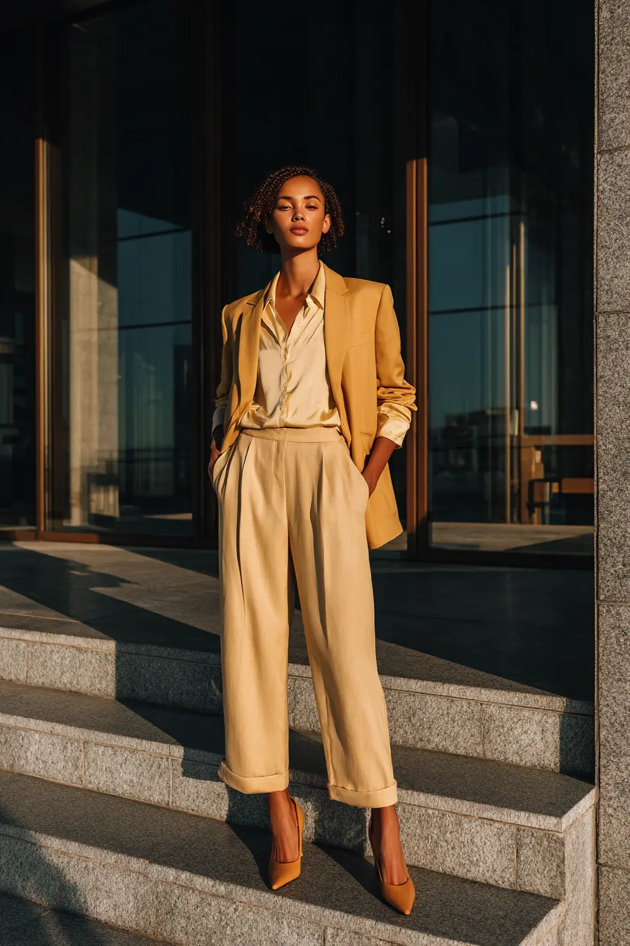 monochromatic camel blazer and trousers interview outfit polished women