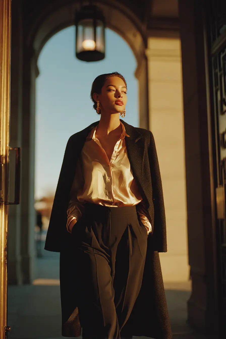 satin blouse tailored trousers and wool coat for office to dinner winter outfit