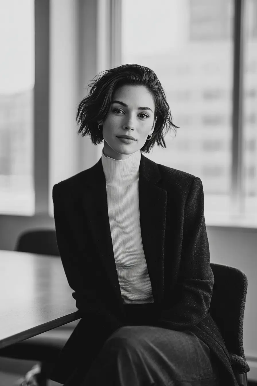 charcoal blazer over ivory turtleneck with wide-leg trousers winter office professional