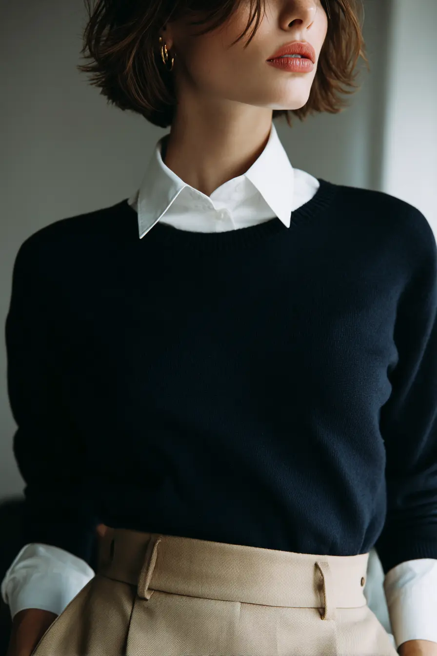 close-up of blouse collar peeking out under navy crew neck sweater professional winter look