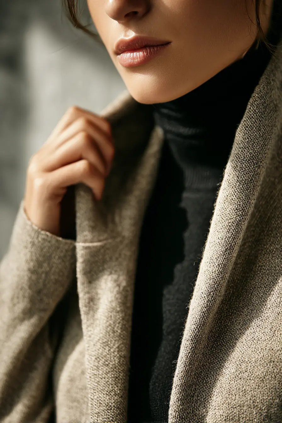 woman adjusting a structured cardigan over turtleneck and trousers near office window