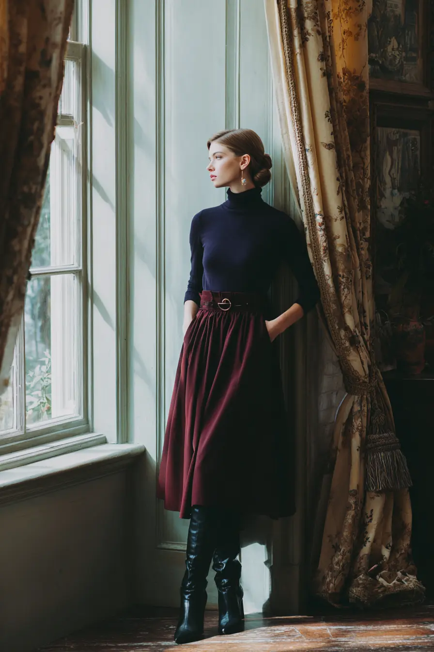 midi skirt with opaque tights and knee-high boots winter professional look