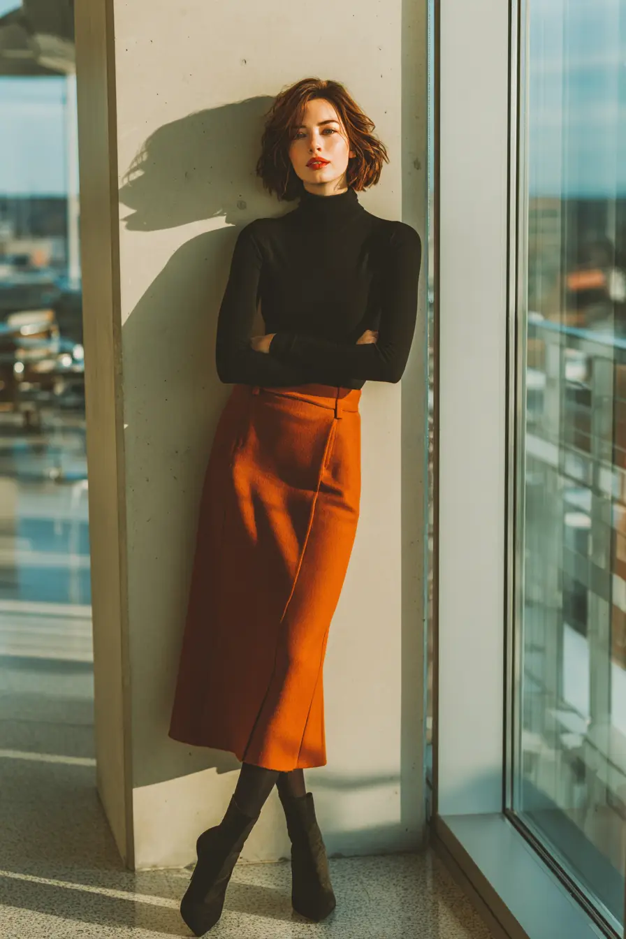 rust midi skirt with black turtleneck opaque tights and ankle boots professional winter