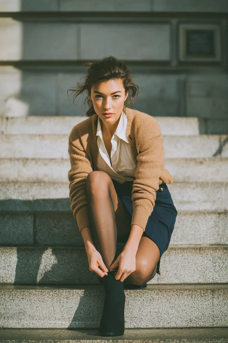 woman in polished winter office outfit demonstrating correct professional layering with boots
