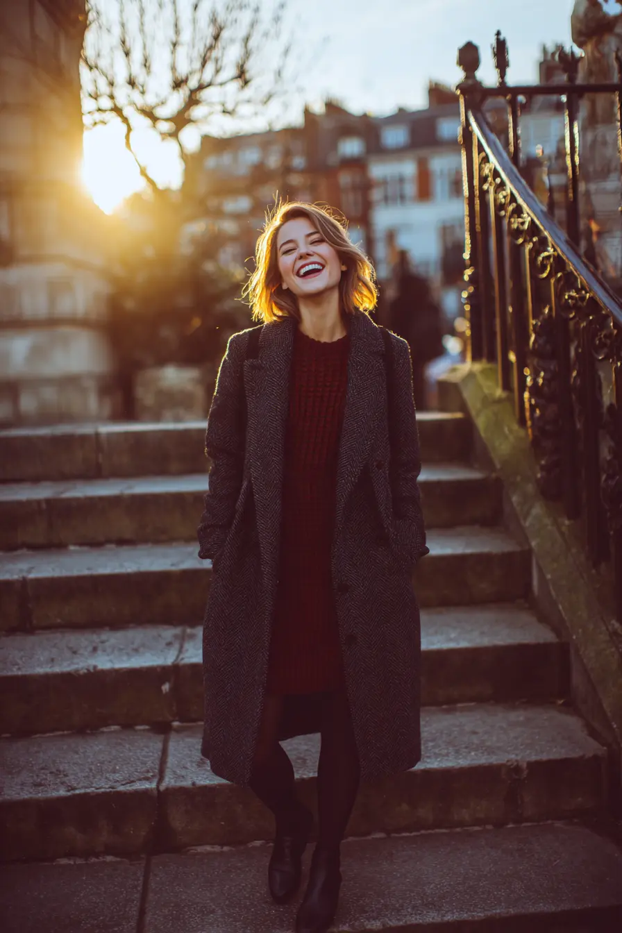 woman laughing in polished winter office outfit with wool coat and boots on city steps