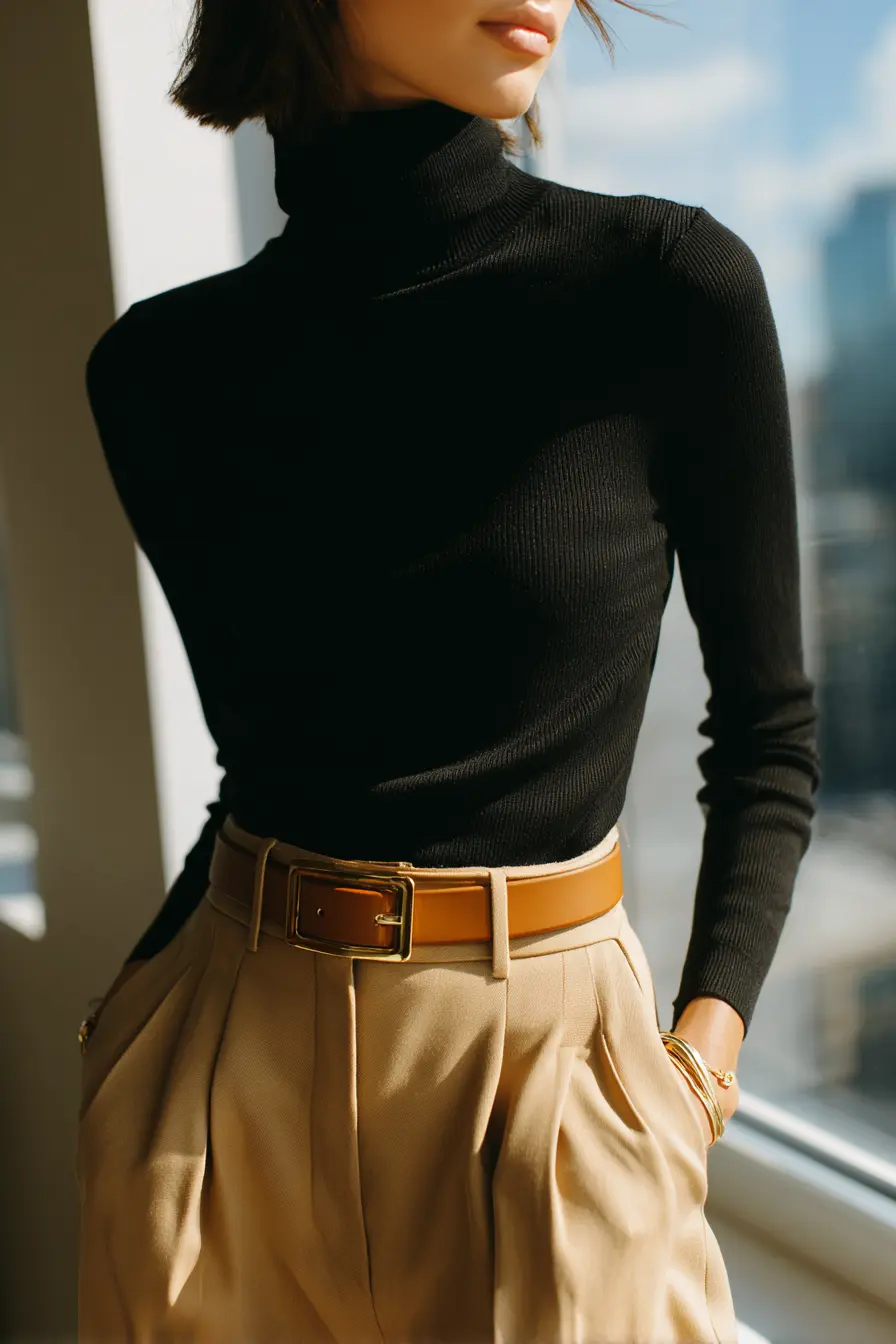 close-up of black turtleneck tucked into camel tailored trousers with leather belt