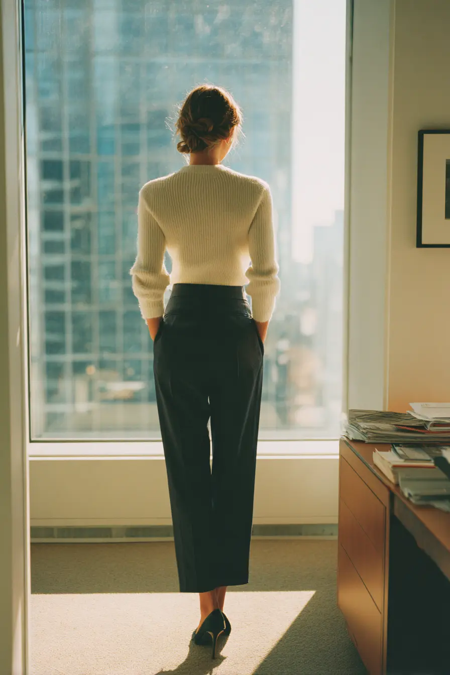 ivory crew neck sweater tucked into high-waisted navy trousers with pointed toe flats