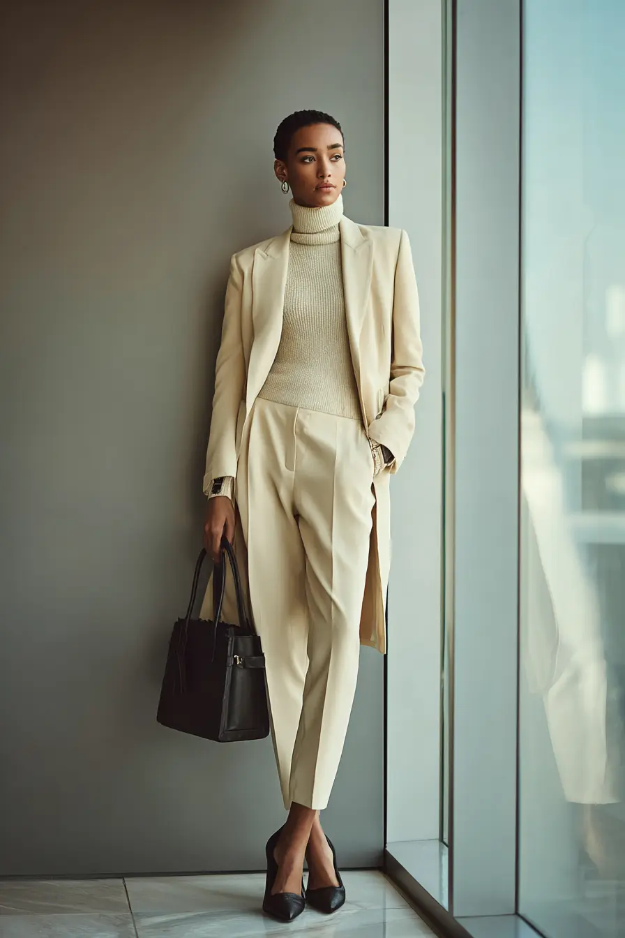 woman wearing cream turtleneck and charcoal trousers with camel blazer in office